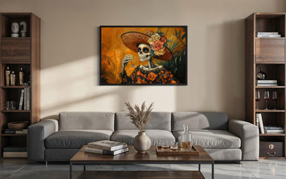 La Calavera Catrina Drinking Tequila Mexican Canvas Wall Art