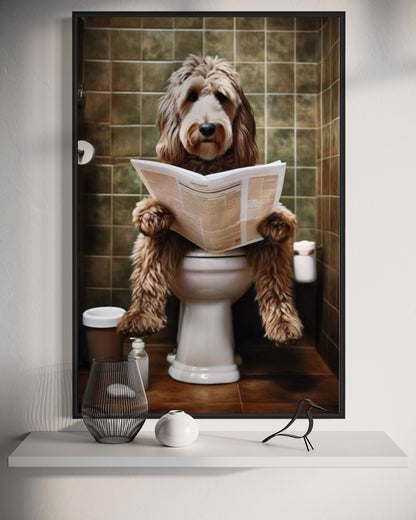 Labradoodle Dog On The Toilet Reading Newspaper Picture Canvas Wall Art