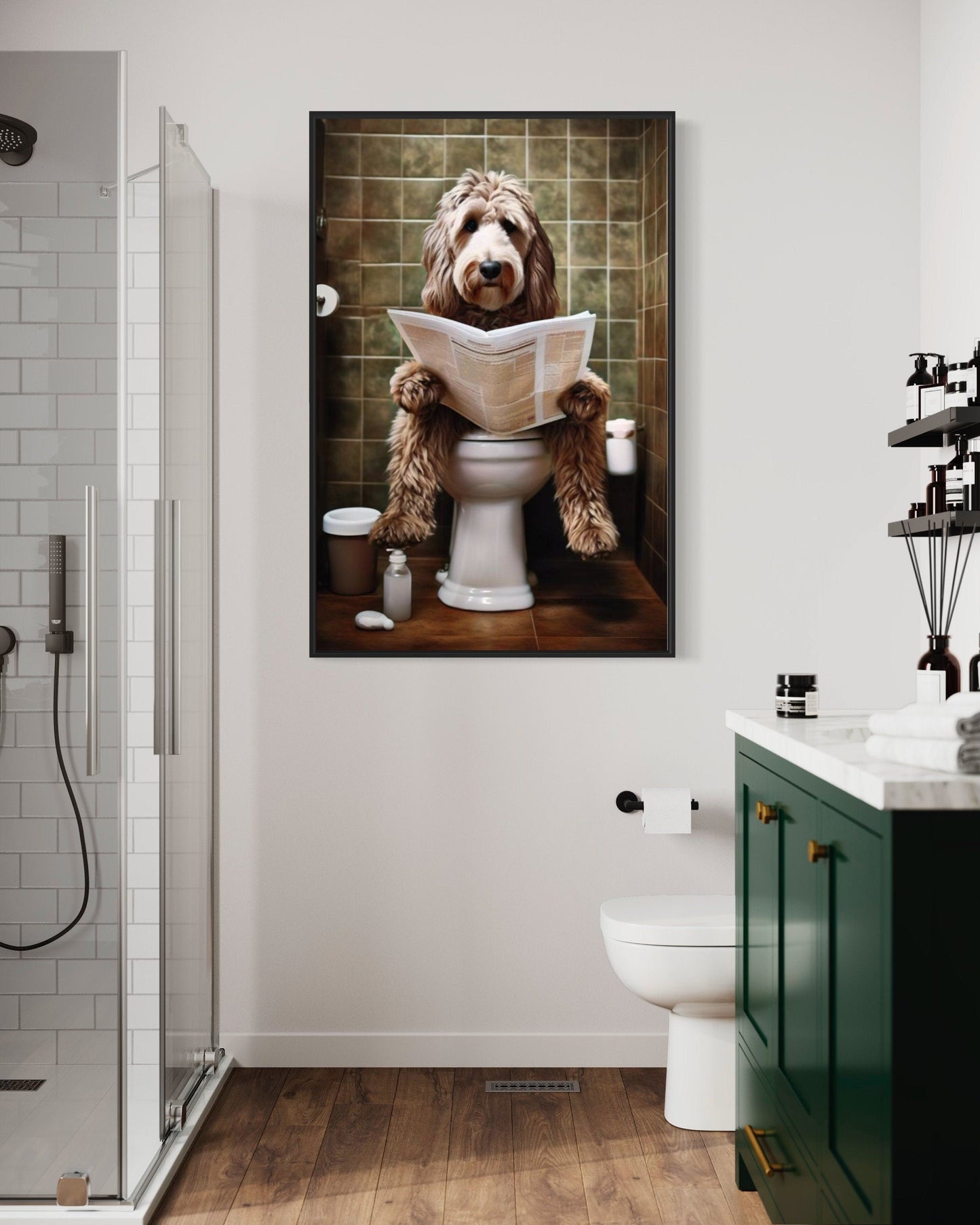 Labradoodle Dog On The Toilet Reading Newspaper Picture Canvas Wall Art