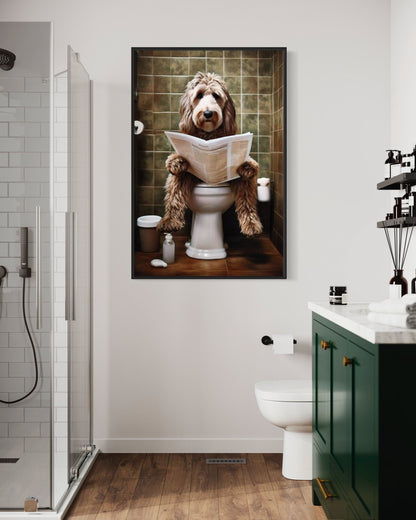Labradoodle Dog On The Toilet Reading Newspaper Picture Canvas Wall Art