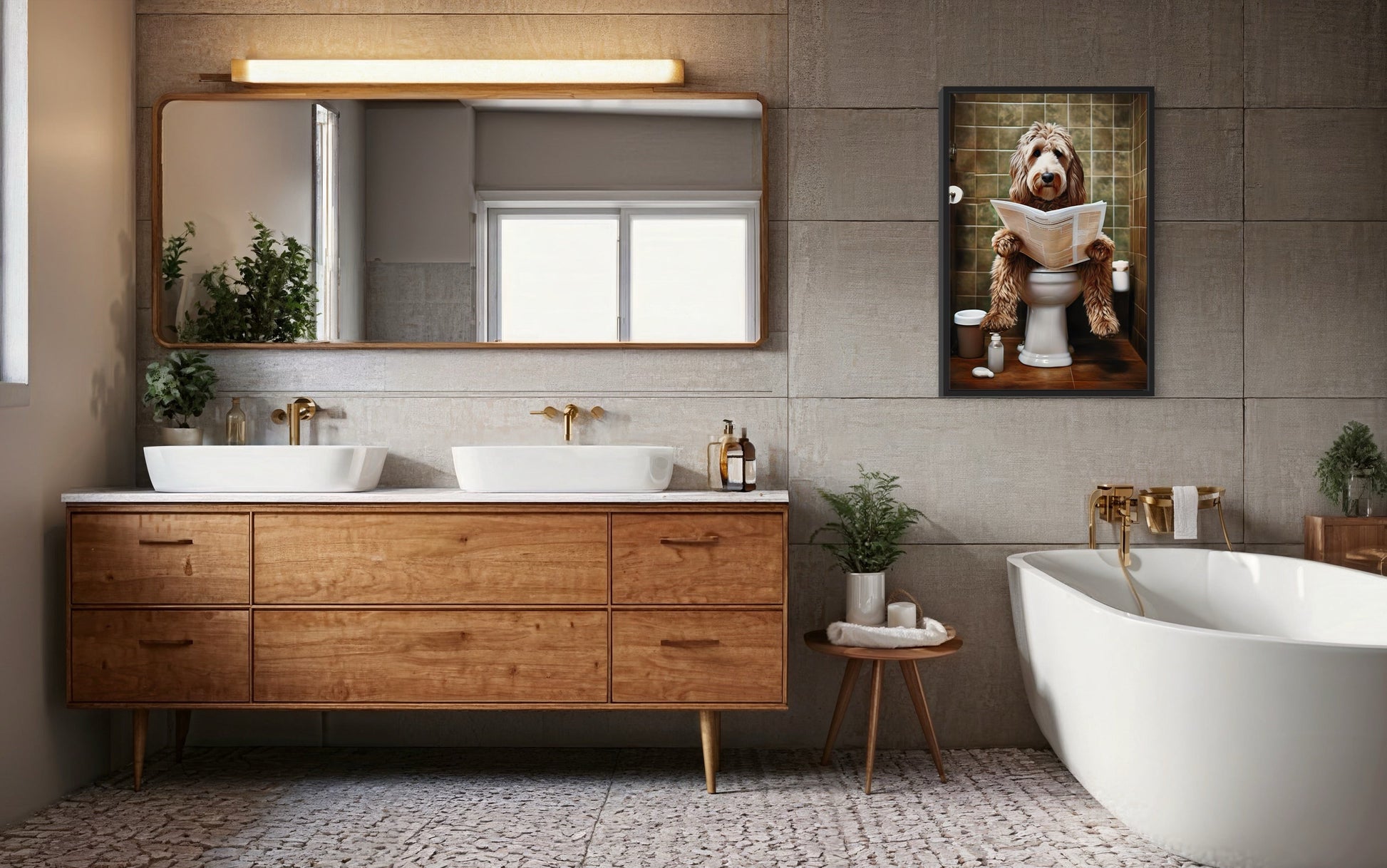 Labradoodle Dog On The Toilet Reading Newspaper Picture Canvas Wall Art