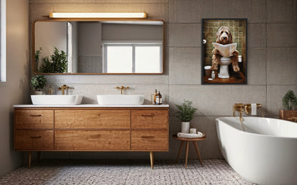 Labradoodle Dog On The Toilet Reading Newspaper Picture Canvas Wall Art