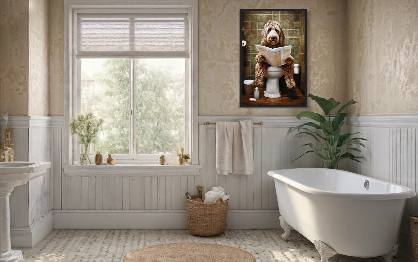 Labradoodle Dog On The Toilet Reading Newspaper Picture Canvas Wall Art