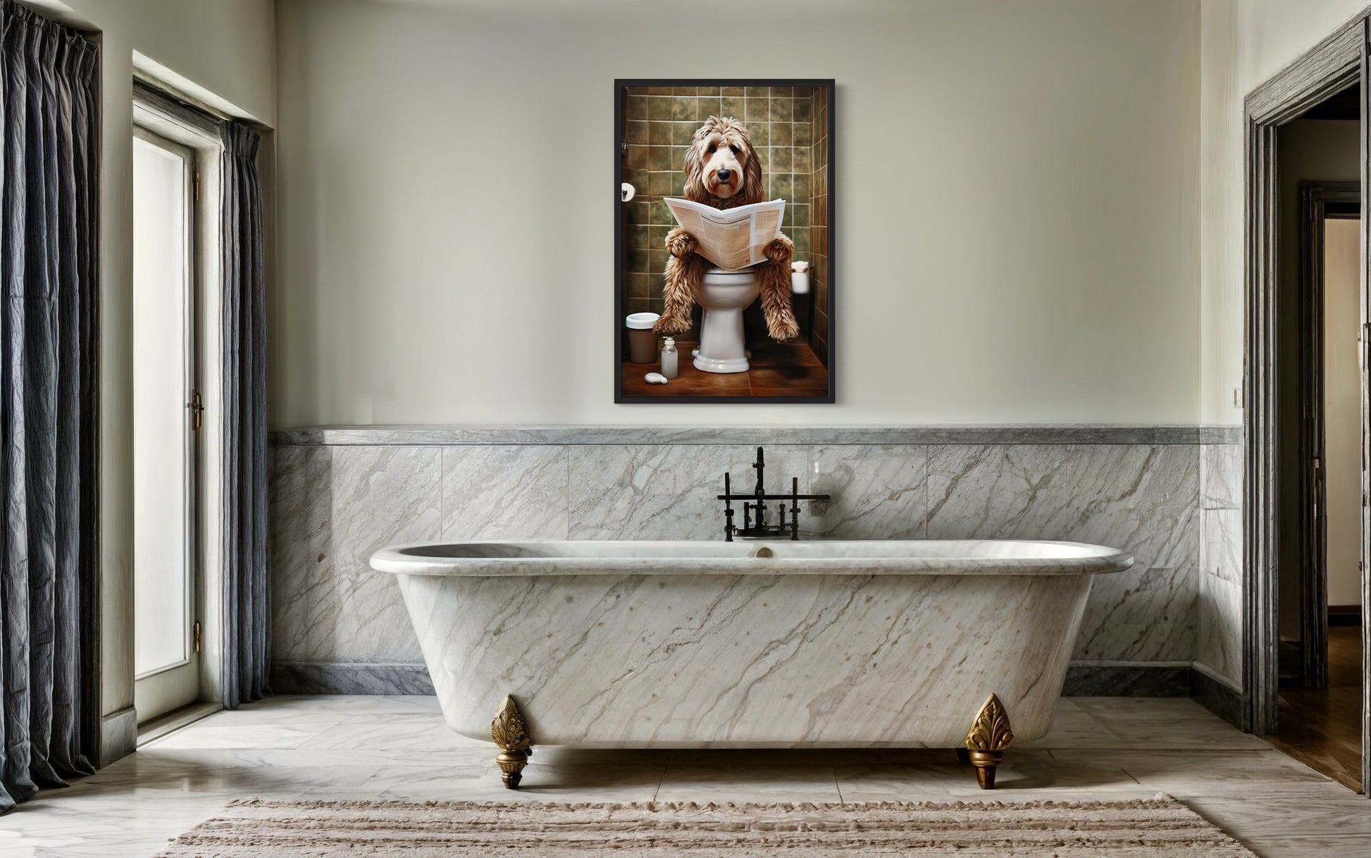 Labradoodle Dog On The Toilet Reading Newspaper Picture Canvas Wall Art