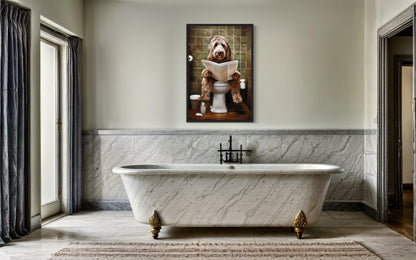 Labradoodle Dog On The Toilet Reading Newspaper Picture Canvas Wall Art