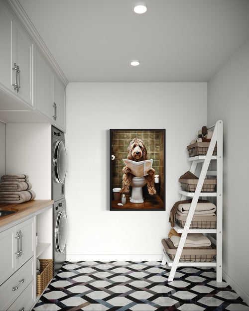 Labradoodle Dog On The Toilet Reading Newspaper Picture Canvas Wall Art