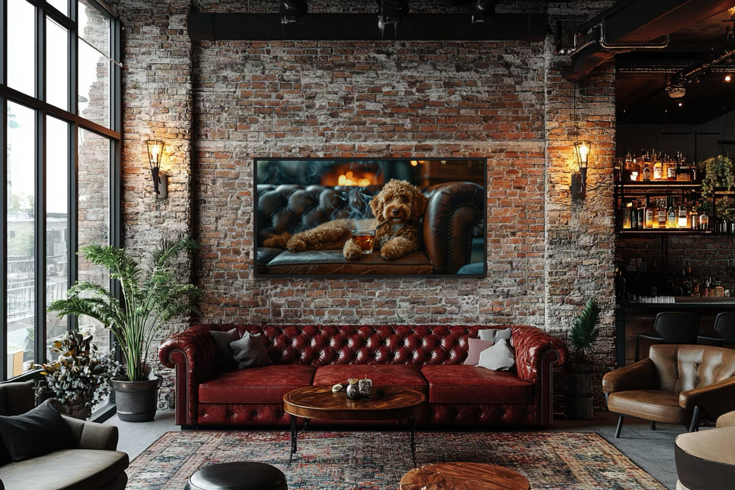 Labradoodle Wall Art – Framed Canvas Print | Whiskey Dog Smoking Cigar Decor