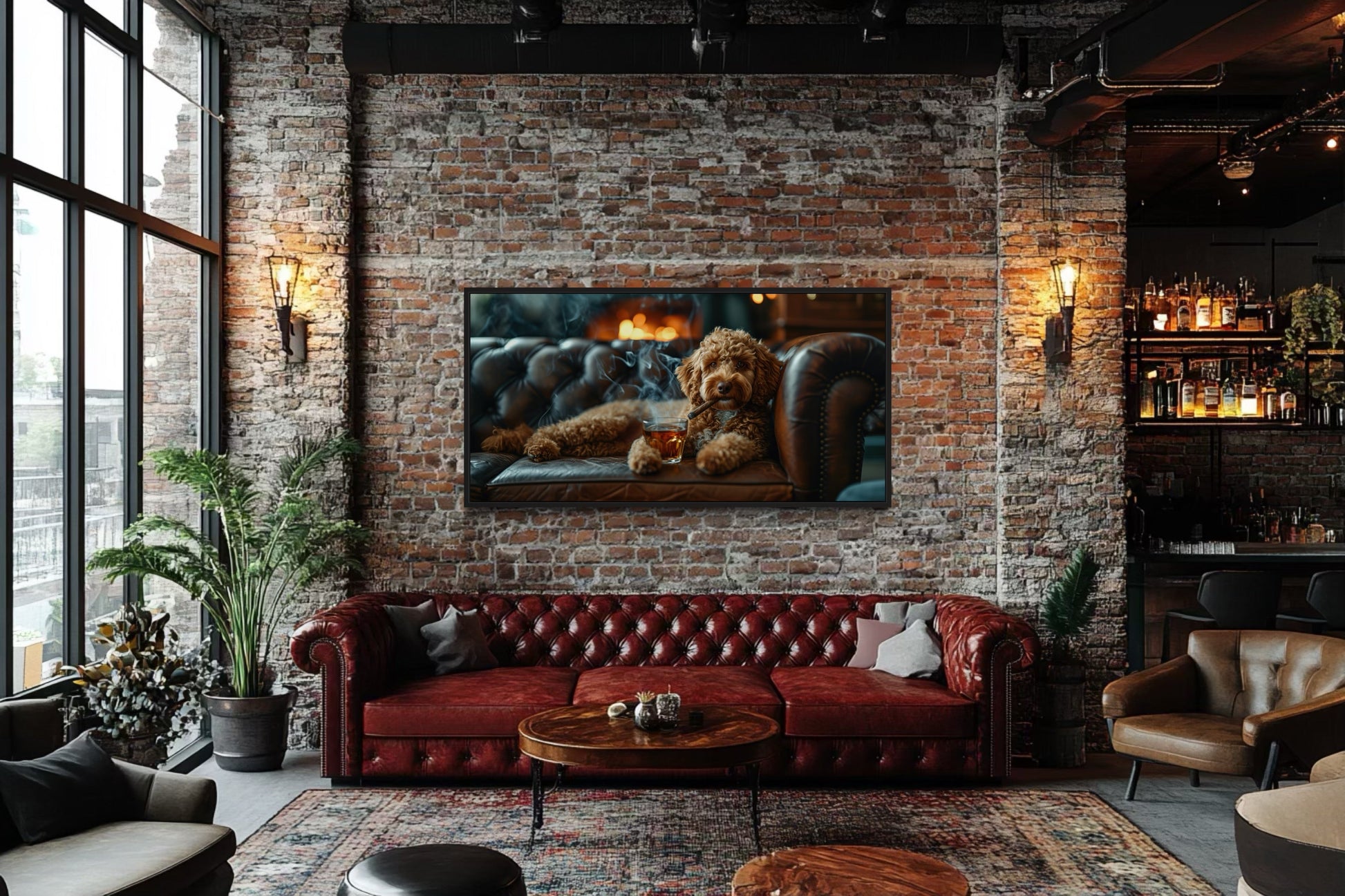 Labradoodle Wall Art – Framed Canvas Print | Whiskey Dog Smoking Cigar Decor