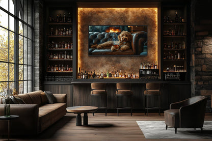 Labradoodle Wall Art – Framed Canvas Print | Whiskey Dog Smoking Cigar Decor
