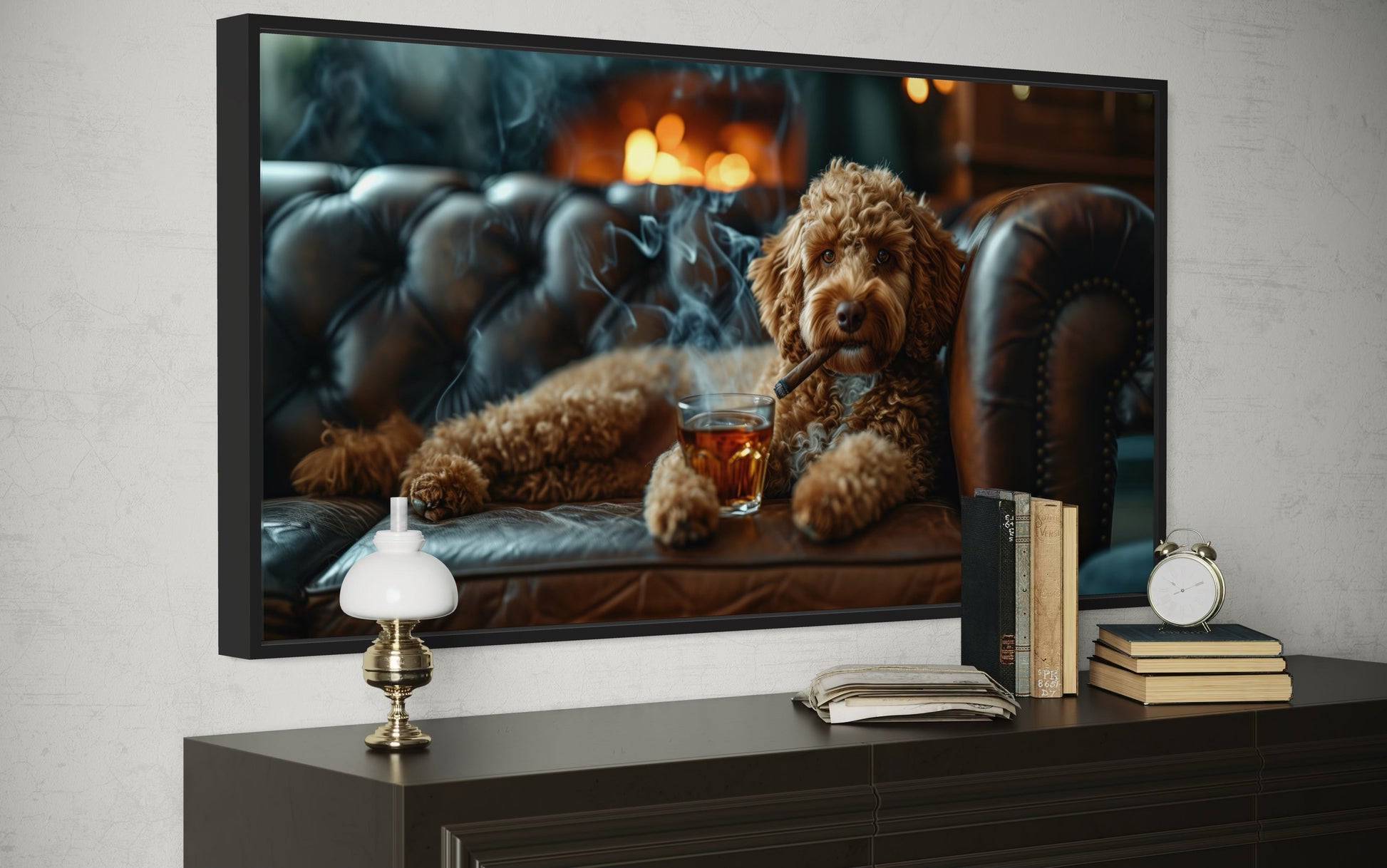 Labradoodle Wall Art – Framed Canvas Print | Whiskey Dog Smoking Cigar Decor