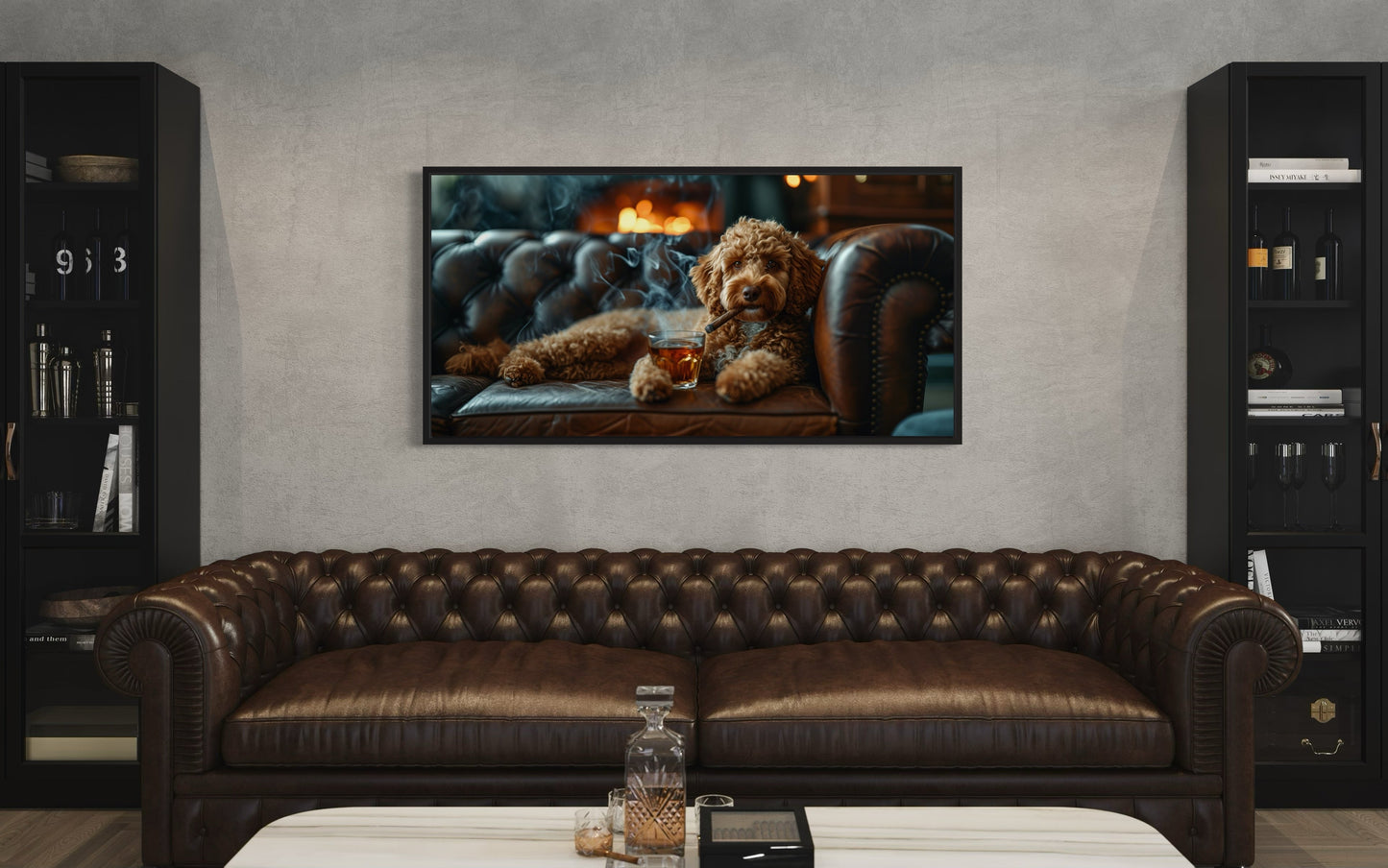 Labradoodle Wall Art – Framed Canvas Print | Whiskey Dog Smoking Cigar Decor