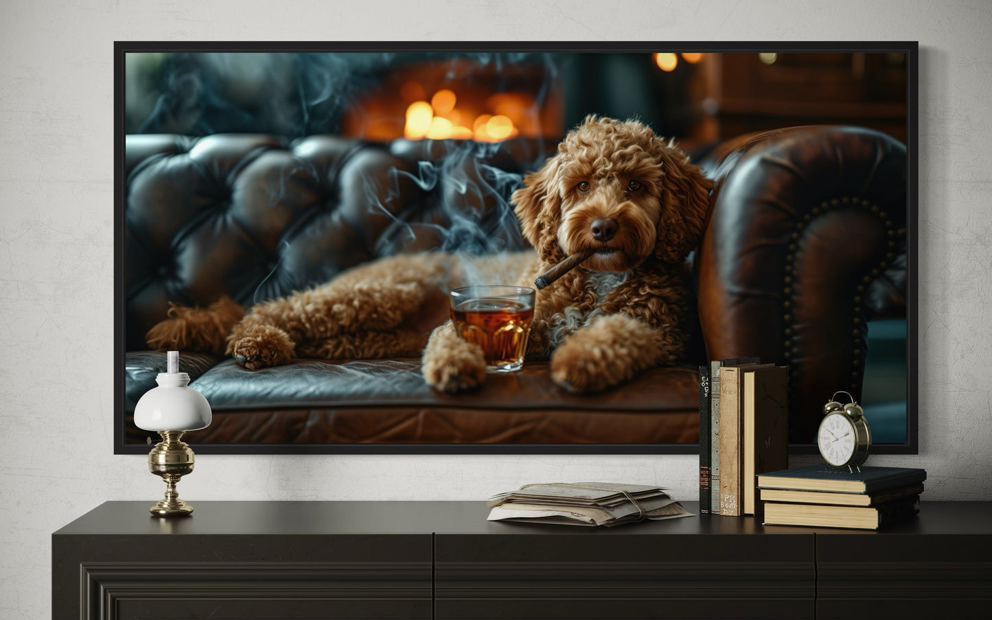 Labradoodle Wall Art – Framed Canvas Print | Whiskey Dog Smoking Cigar Decor