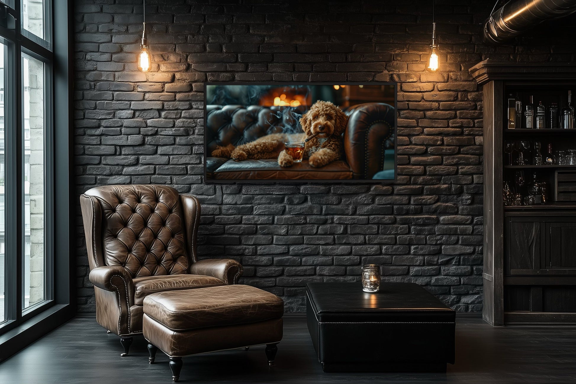 Labradoodle Wall Art – Framed Canvas Print | Whiskey Dog Smoking Cigar Decor