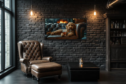 Labradoodle Wall Art – Framed Canvas Print | Whiskey Dog Smoking Cigar Decor