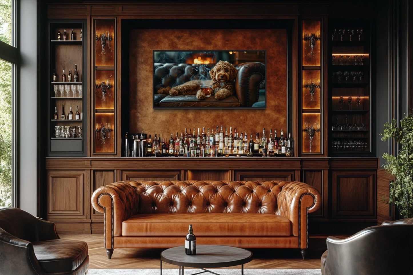 Labradoodle Wall Art – Framed Canvas Print | Whiskey Dog Smoking Cigar Decor