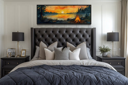 Lake Forest Camping Landscape With Campfire Horizontal Wall Art