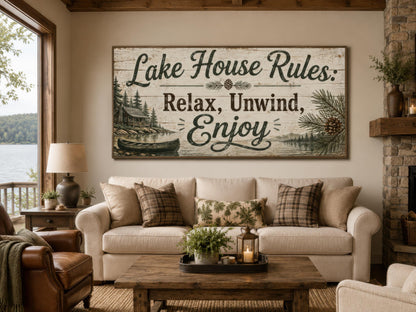 Lake House Rules Wall Art | Cozy Cabin Canvas Print – Rustic Lake Decor with Pine Tree Painting