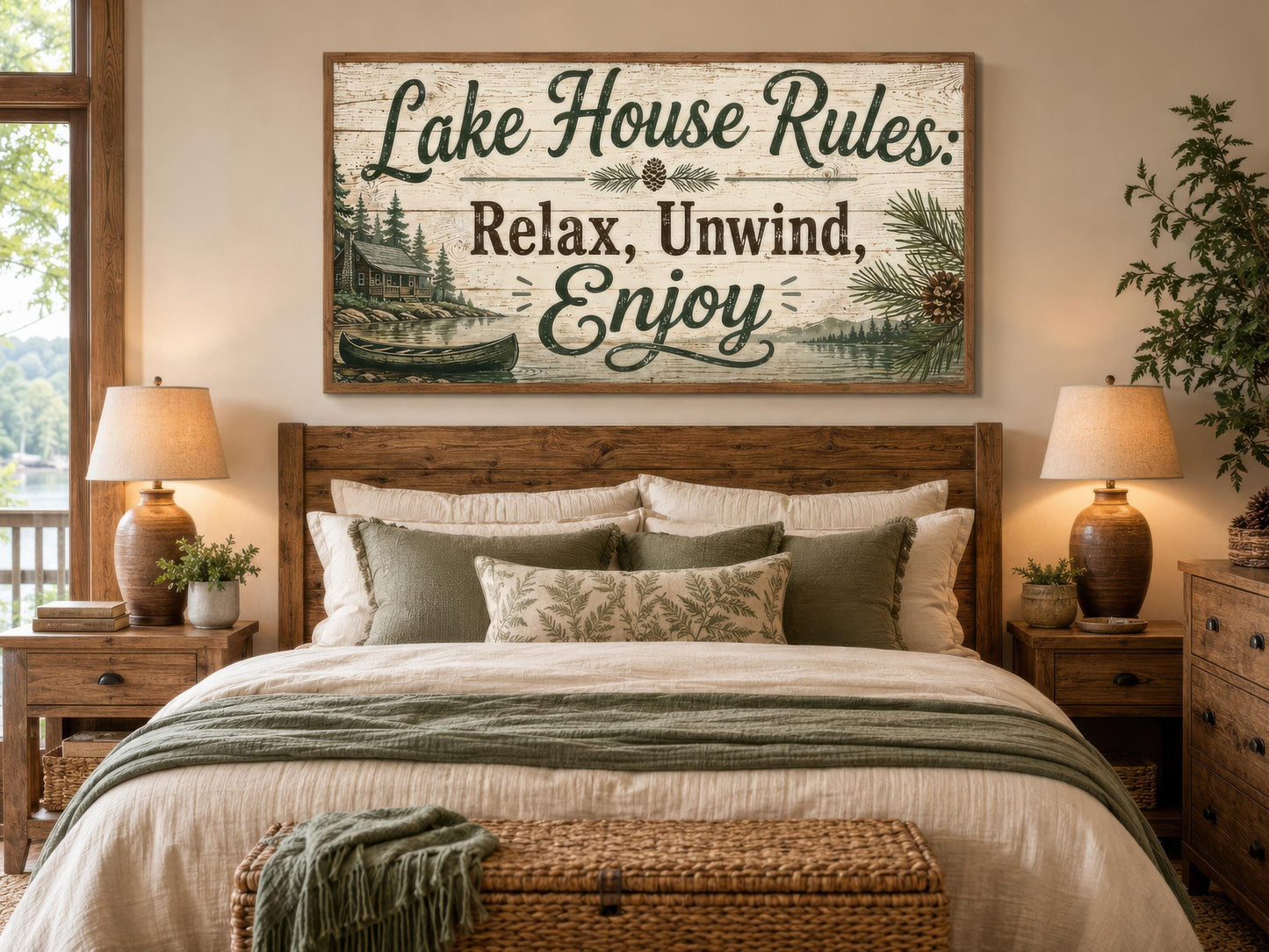 Lake House Rules Wall Art | Cozy Cabin Canvas Print – Rustic Lake Decor with Pine Tree Painting