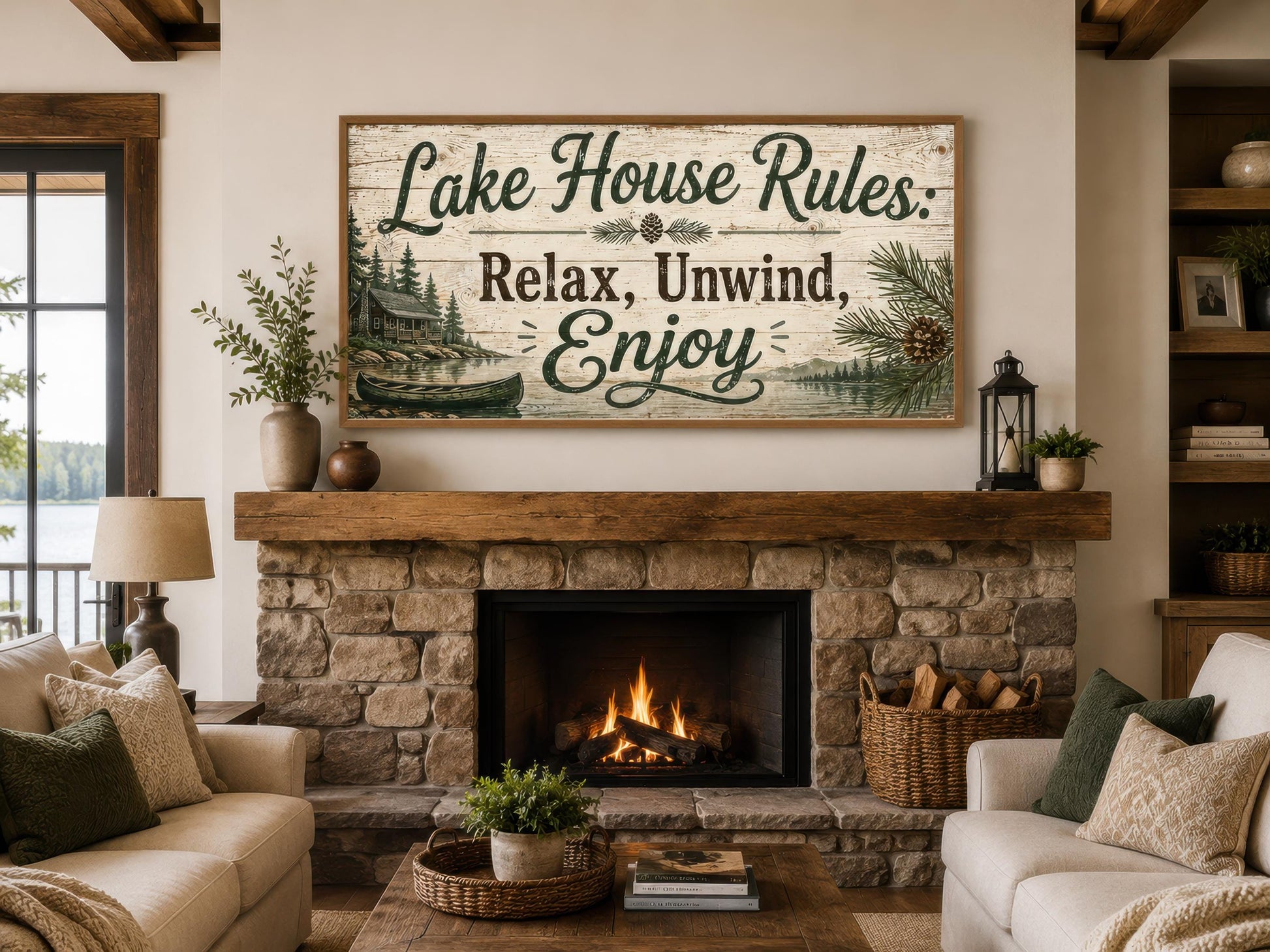 Lake House Rules Wall Art | Cozy Cabin Canvas Print – Rustic Lake Decor with Pine Tree Painting