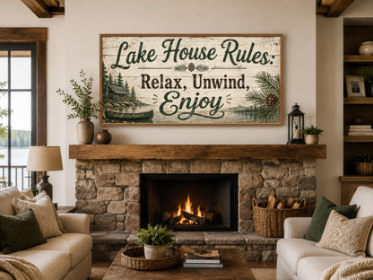 Lake House Rules Wall Art | Cozy Cabin Canvas Print – Rustic Lake Decor with Pine Tree Painting