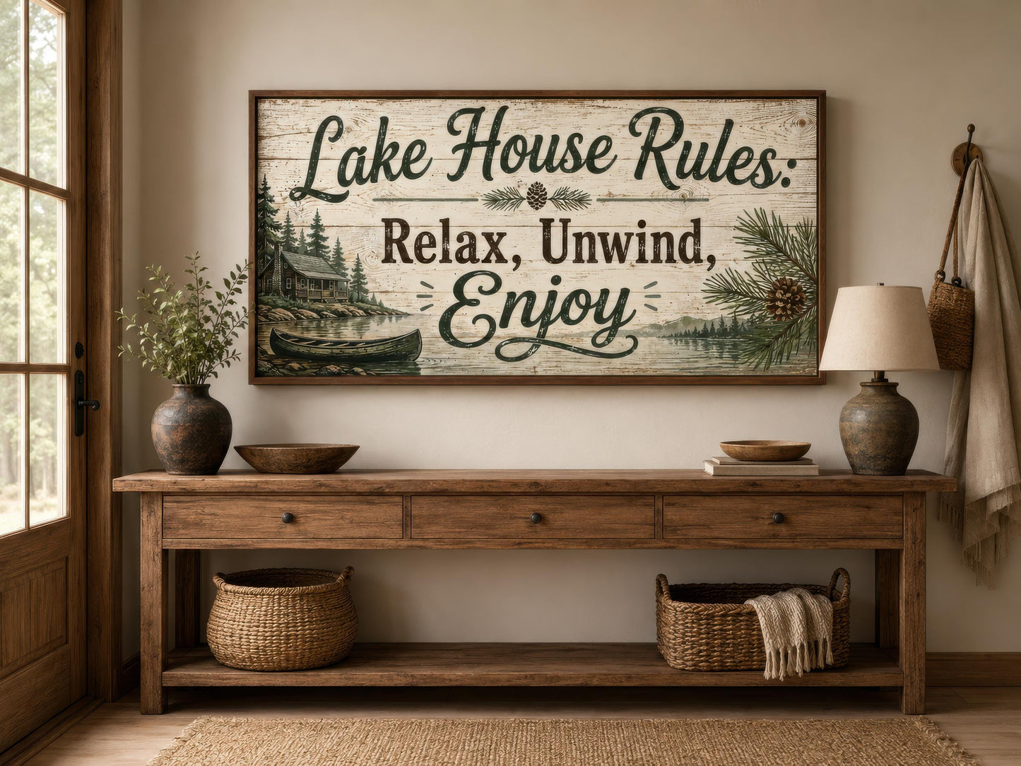 Lake House Rules Wall Art | Cozy Cabin Canvas Print – Rustic Lake Decor with Pine Tree Painting