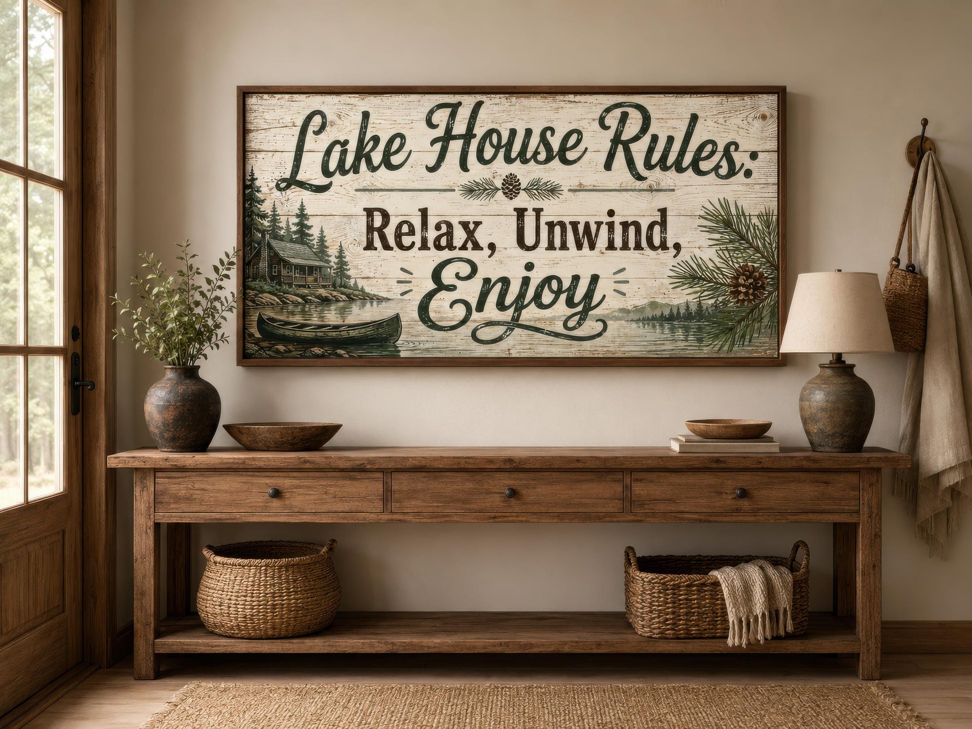 Lake House Rules Wall Art | Cozy Cabin Canvas Print – Rustic Lake Decor with Pine Tree Painting