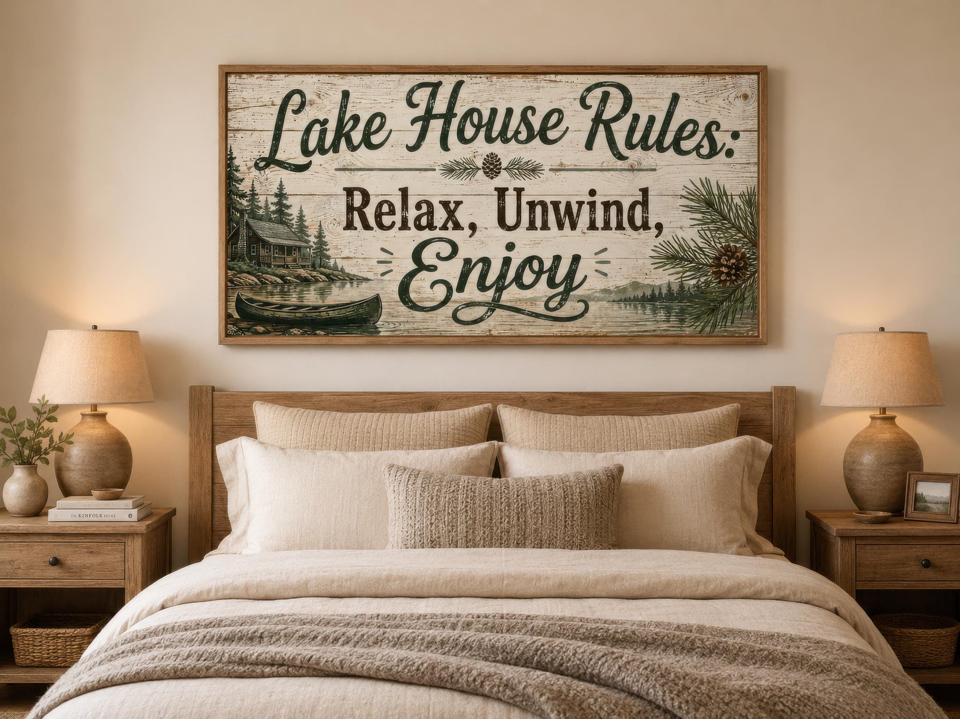 Lake House Rules Wall Art | Cozy Cabin Canvas Print – Rustic Lake Decor with Pine Tree Painting