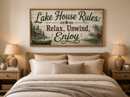 Lake House Rules Wall Art | Cozy Cabin Canvas Print – Rustic Lake Decor with Pine Tree Painting