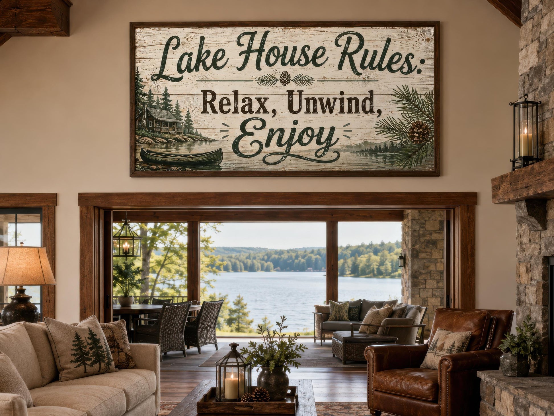 Lake House Rules Wall Art | Cozy Cabin Canvas Print – Rustic Lake Decor with Pine Tree Painting