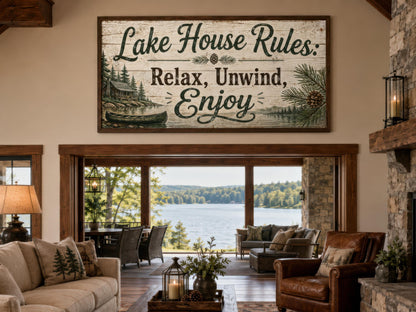 Lake House Rules Wall Art | Cozy Cabin Canvas Print – Rustic Lake Decor with Pine Tree Painting