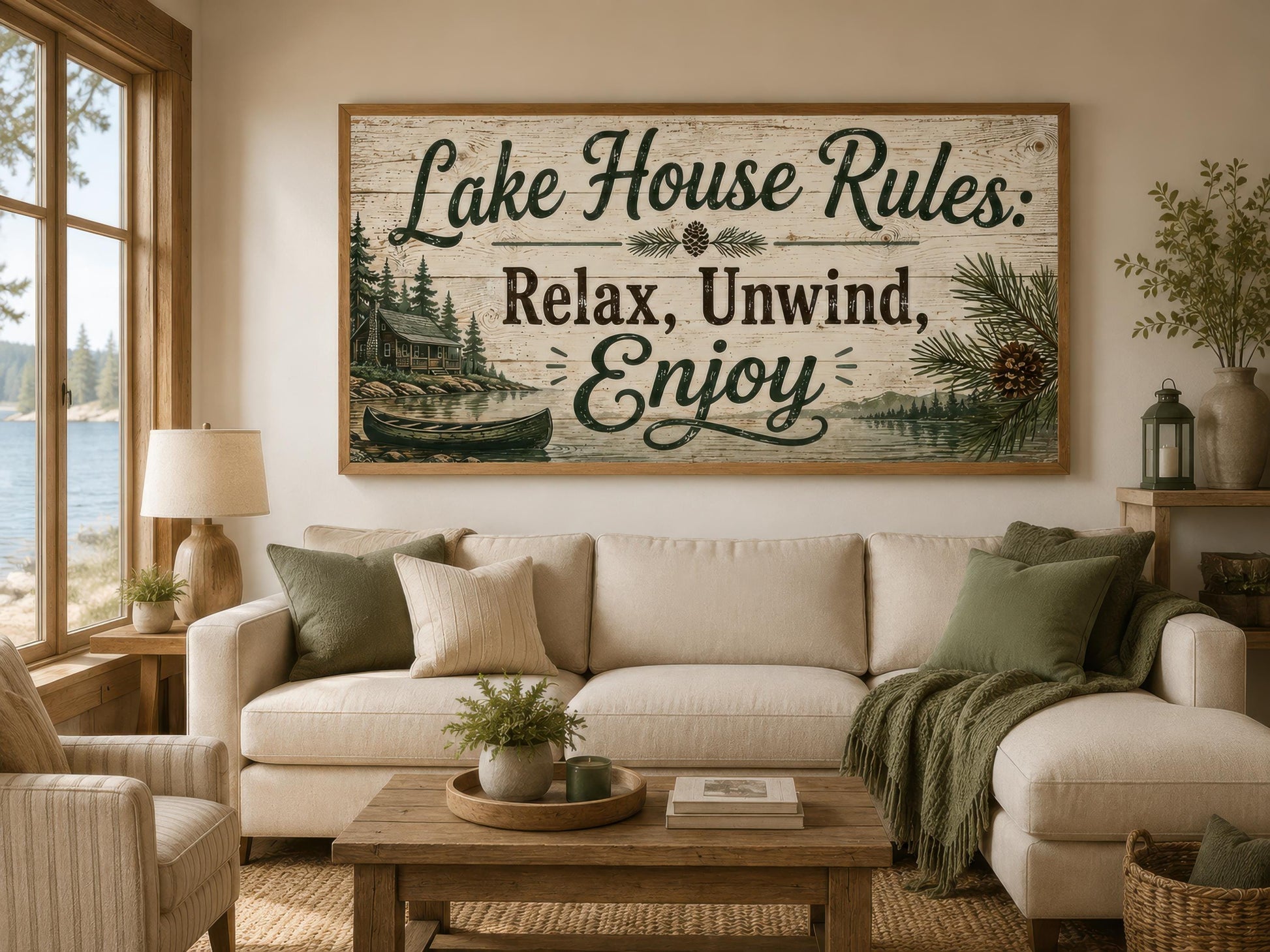 Lake House Rules Wall Art | Cozy Cabin Canvas Print – Rustic Lake Decor with Pine Tree Painting