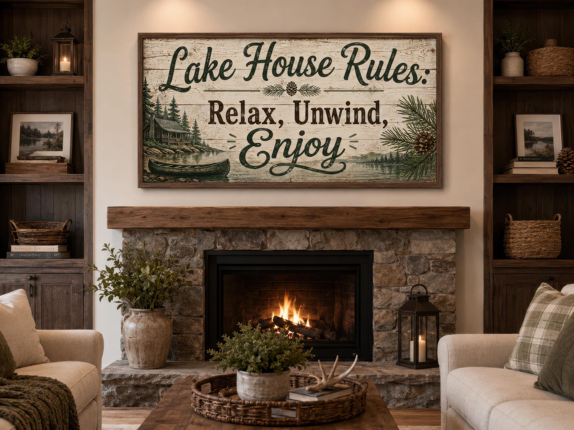 Lake House Rules Wall Art | Cozy Cabin Canvas Print – Rustic Lake Decor with Pine Tree Painting
