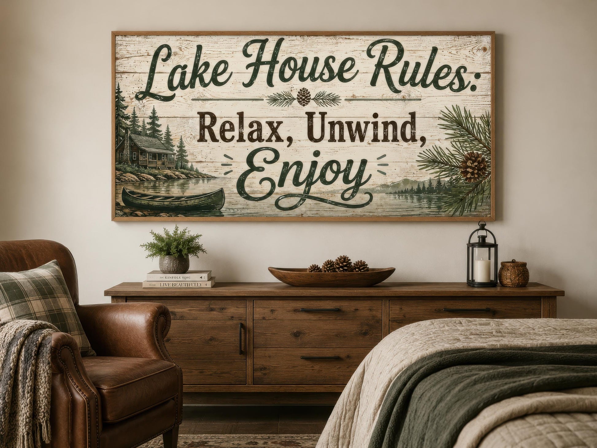 Lake House Rules Wall Art | Cozy Cabin Canvas Print – Rustic Lake Decor with Pine Tree Painting