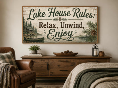 Lake House Rules Wall Art | Cozy Cabin Canvas Print – Rustic Lake Decor with Pine Tree Painting