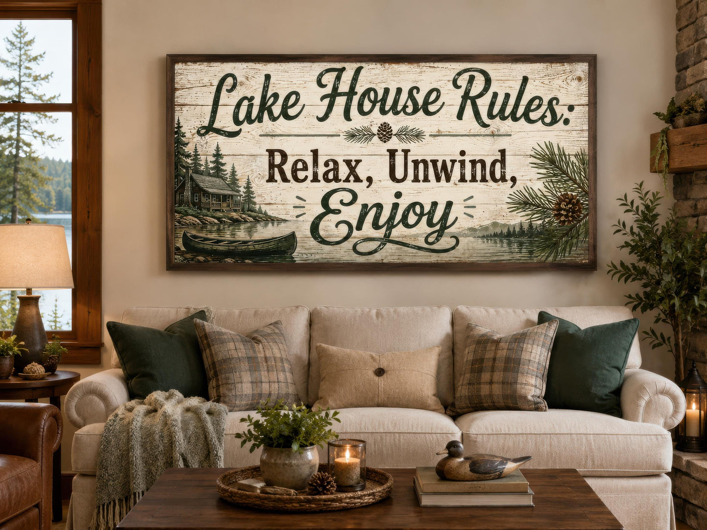 Lake House Rules Wall Art | Cozy Cabin Canvas Print – Rustic Lake Decor with Pine Tree Painting