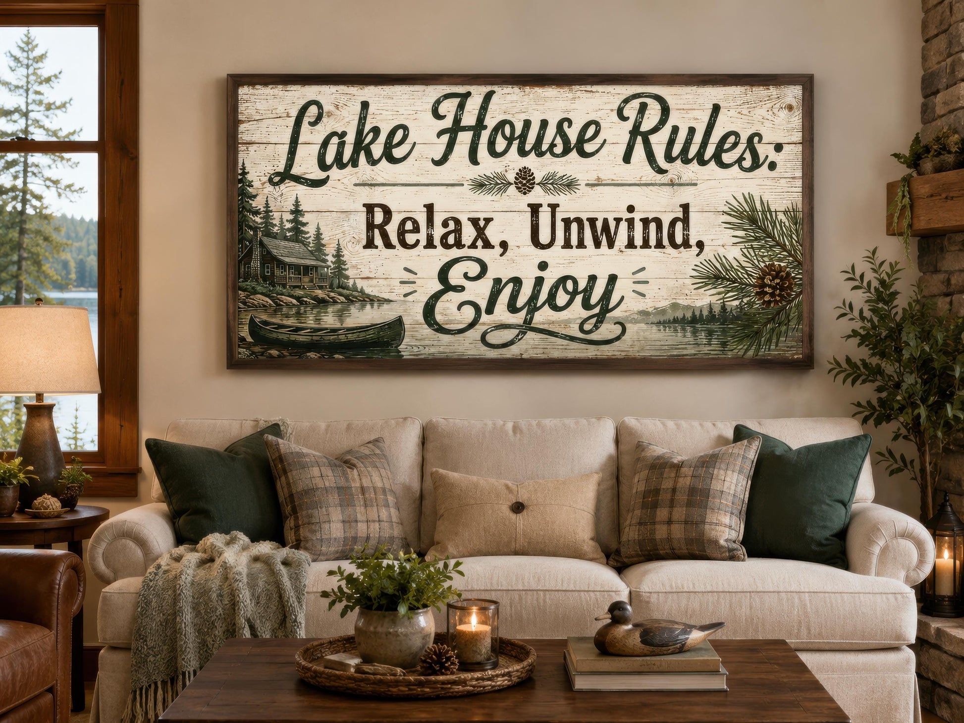 Lake House Rules Wall Art | Cozy Cabin Canvas Print – Rustic Lake Decor with Pine Tree Painting