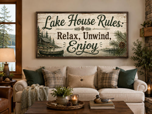 Lake House Rules Wall Art | Cozy Cabin Canvas Print – Rustic Lake Decor with Pine Tree Painting