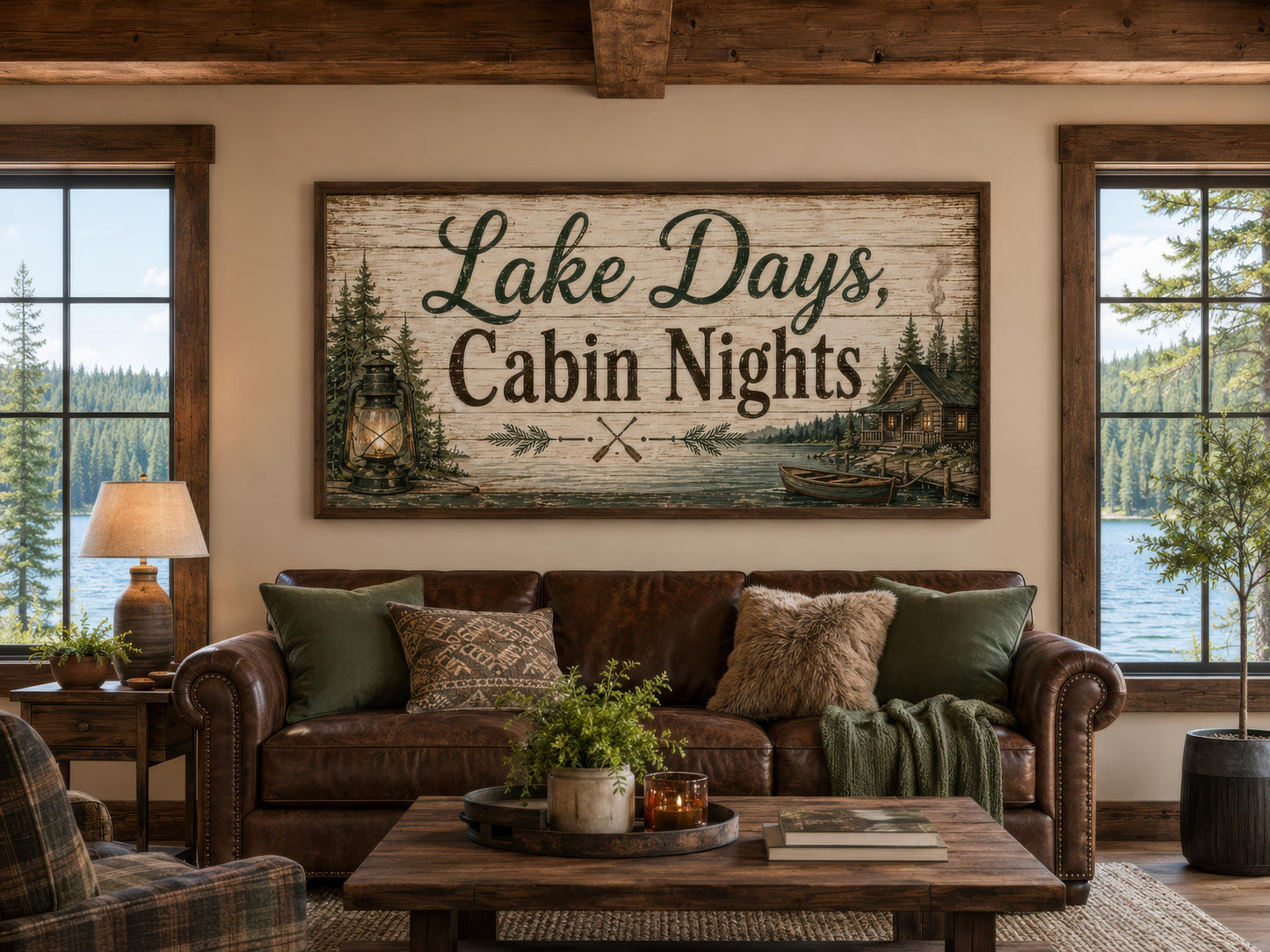 Lake House Sign Wall Art – Rustic Cabin Decor Canvas Print with Floating Frame