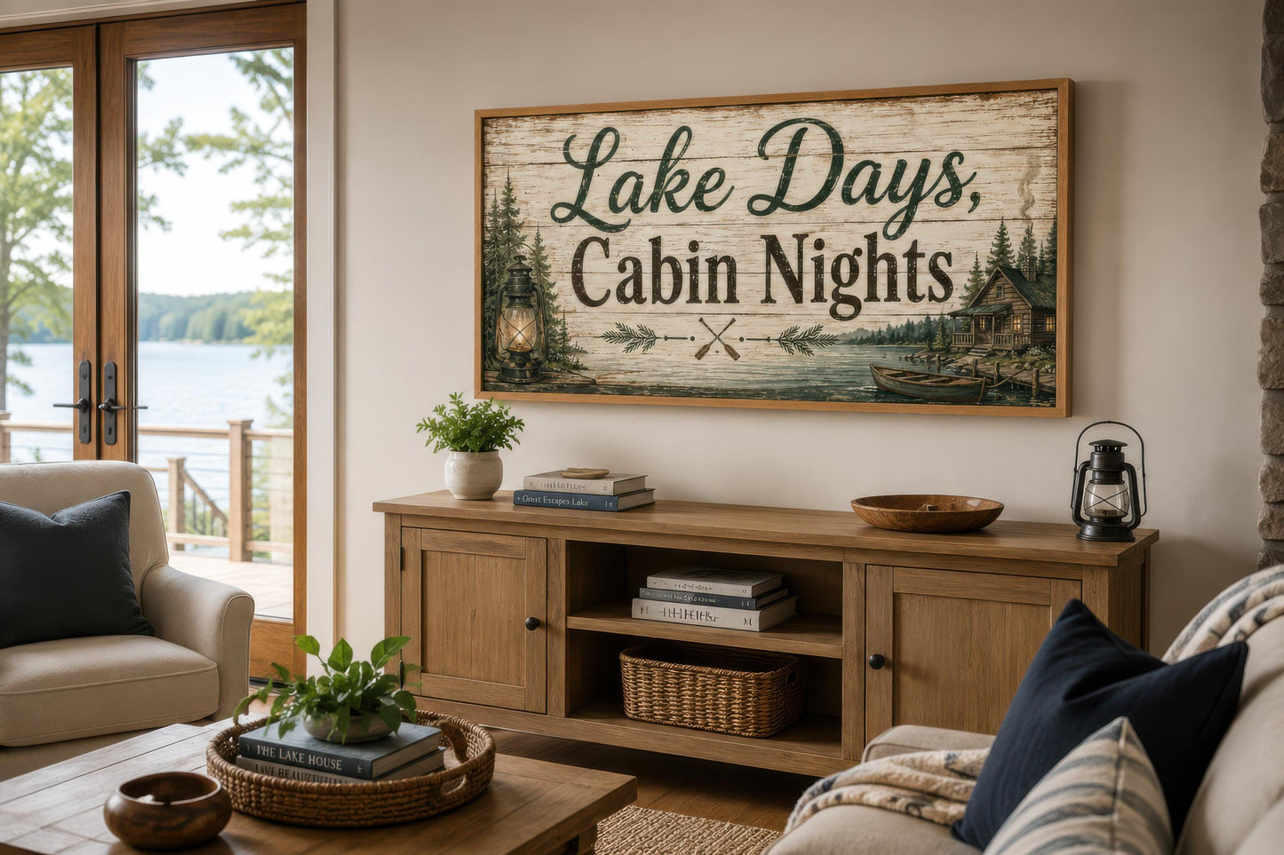 Lake House Sign Wall Art – Rustic Cabin Decor Canvas Print with Floating Frame