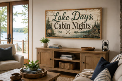 Lake House Sign Wall Art – Rustic Cabin Decor Canvas Print with Floating Frame