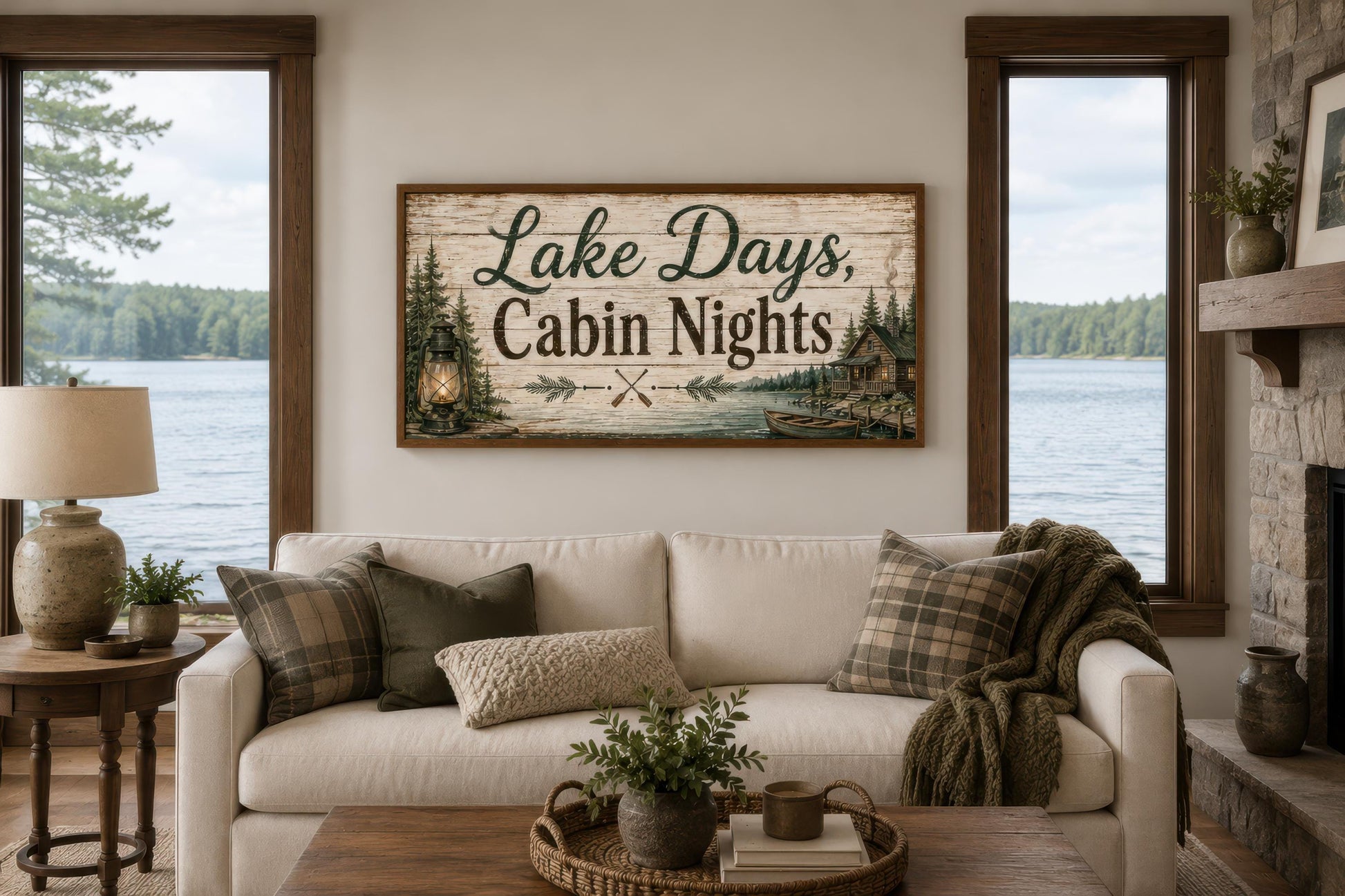 Lake House Sign Wall Art – Rustic Cabin Decor Canvas Print with Floating Frame