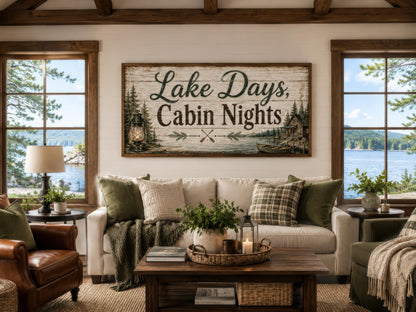Lake House Sign Wall Art – Rustic Cabin Decor Canvas Print with Floating Frame