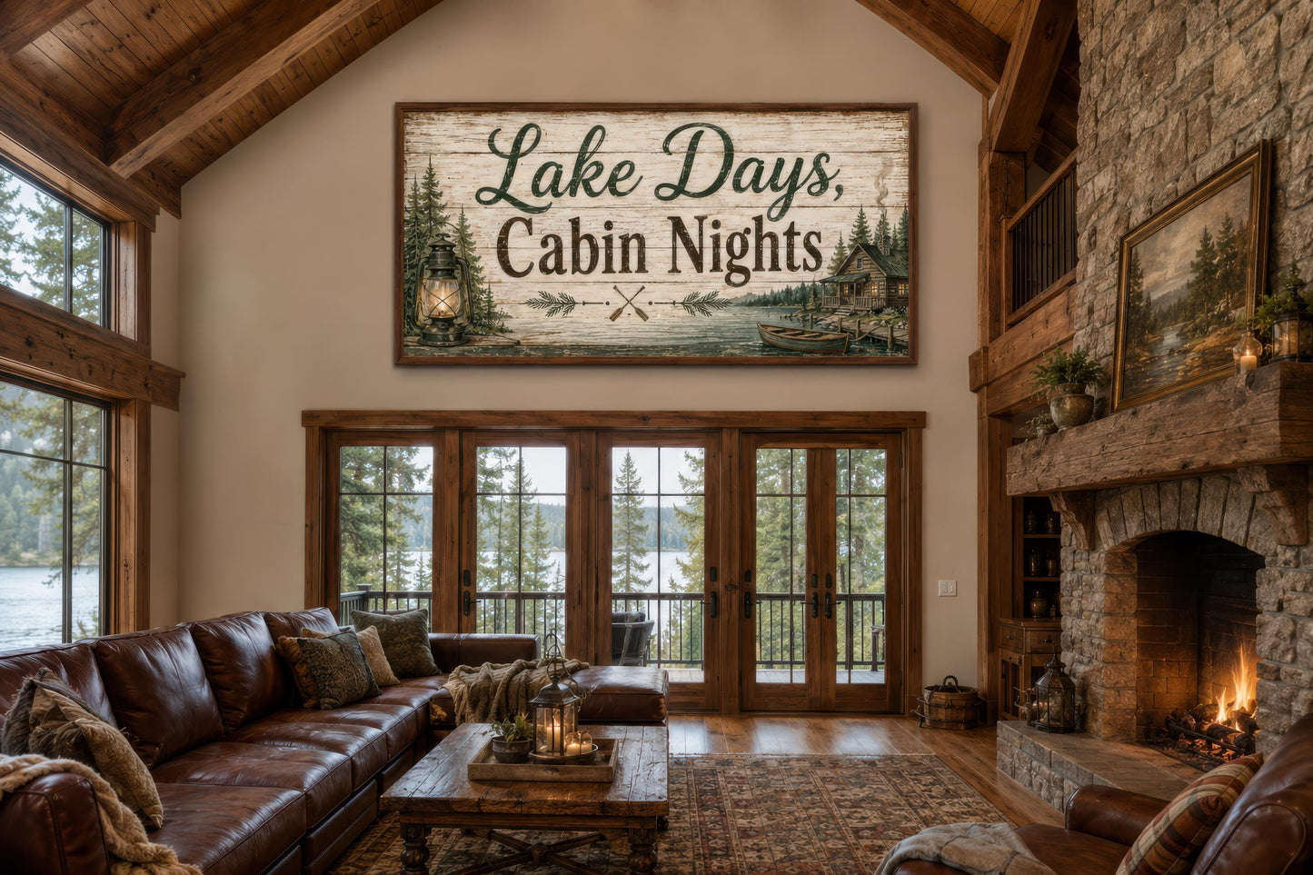 Lake House Sign Wall Art – Rustic Cabin Decor Canvas Print with Floating Frame