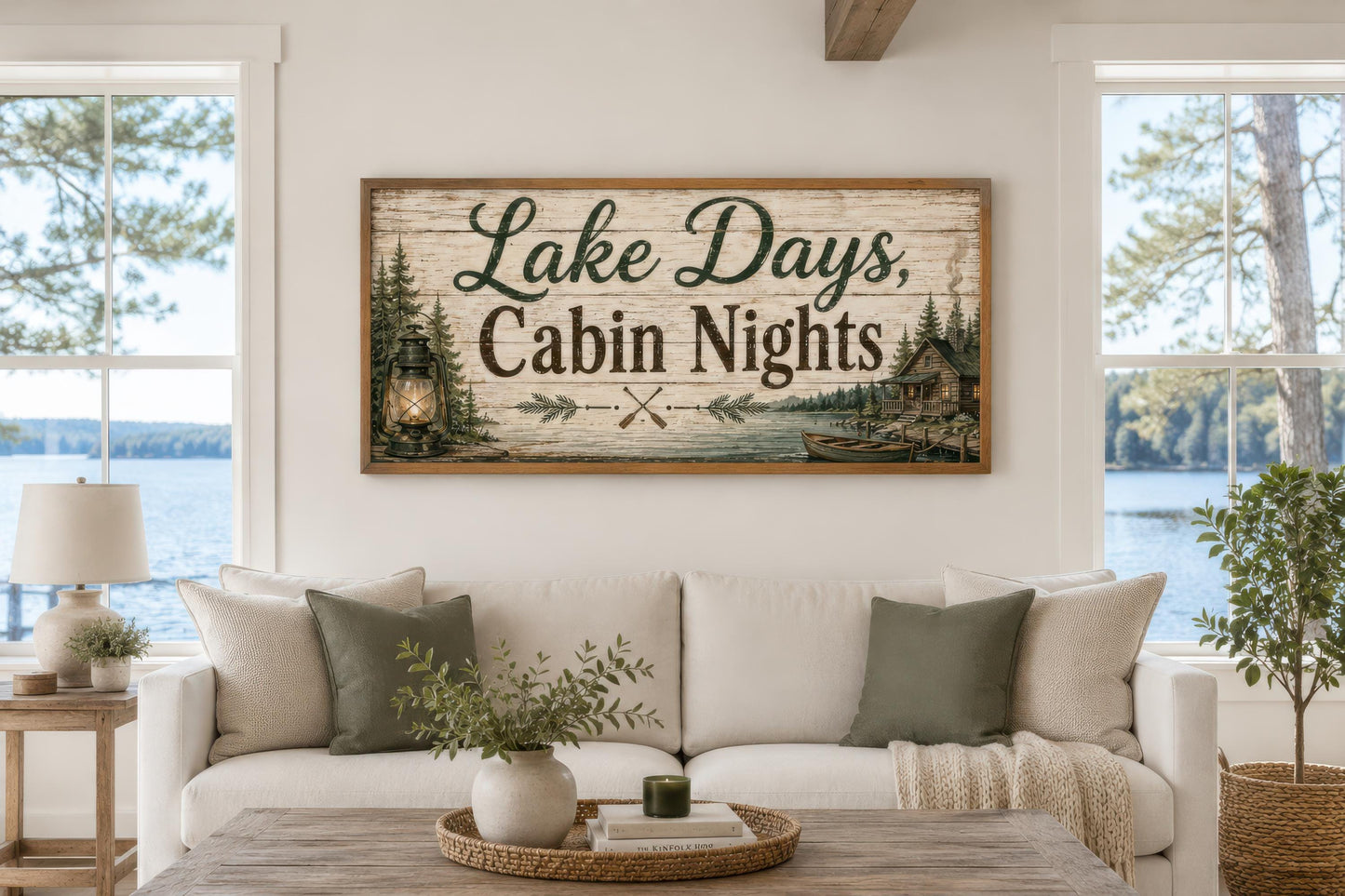 Lake House Sign Wall Art – Rustic Cabin Decor Canvas Print with Floating Frame