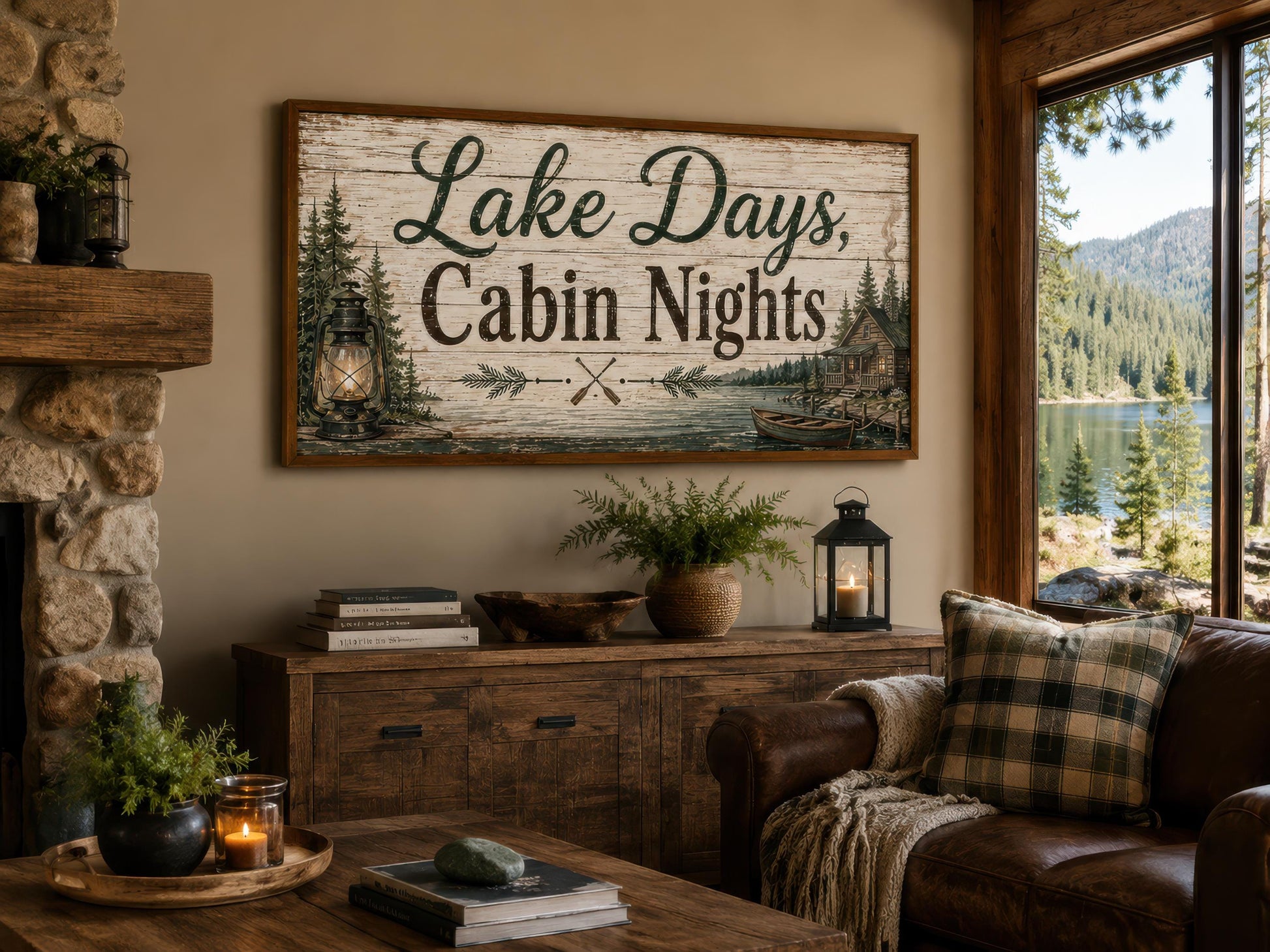 Lake House Sign Wall Art – Rustic Cabin Decor Canvas Print with Floating Frame