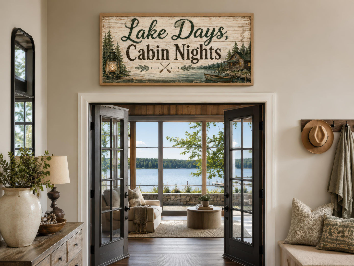 Lake House Sign Wall Art – Rustic Cabin Decor Canvas Print with Floating Frame