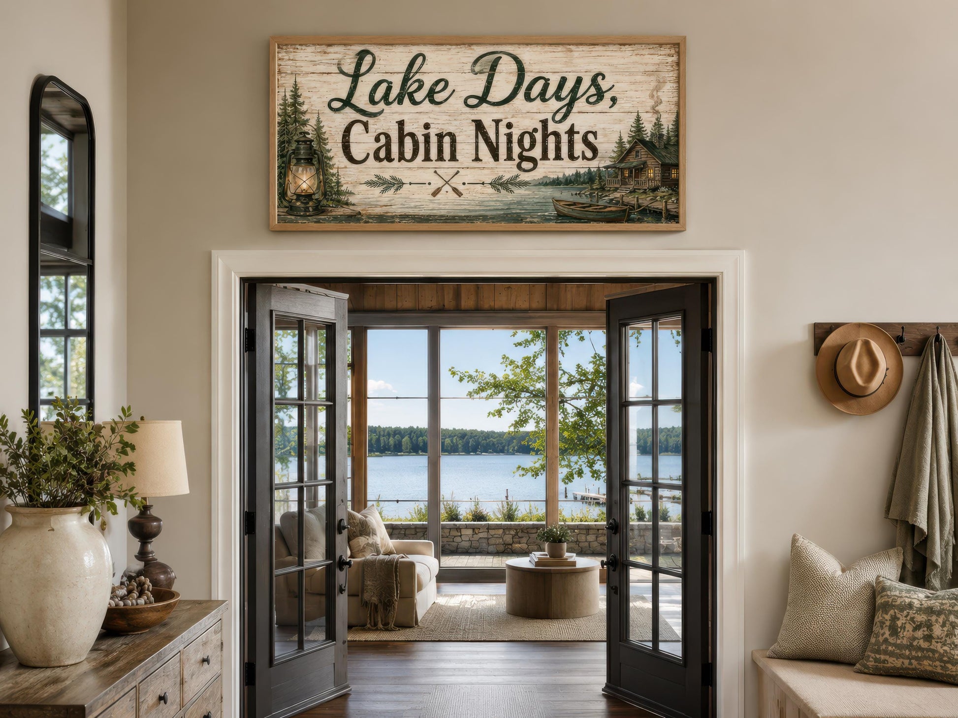 Lake House Sign Wall Art – Rustic Cabin Decor Canvas Print with Floating Frame