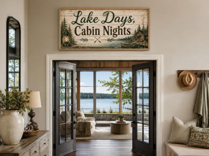Lake House Sign Wall Art – Rustic Cabin Decor Canvas Print with Floating Frame