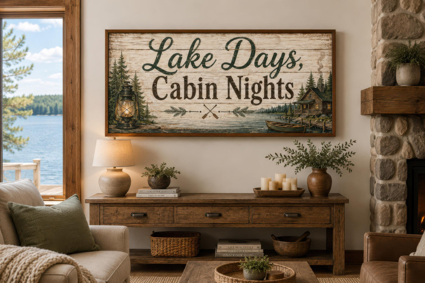Lake House Sign Wall Art – Rustic Cabin Decor Canvas Print with Floating Frame