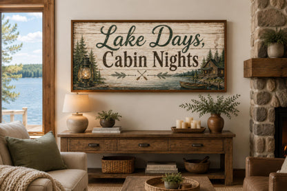 Lake House Sign Wall Art – Rustic Cabin Decor Canvas Print with Floating Frame